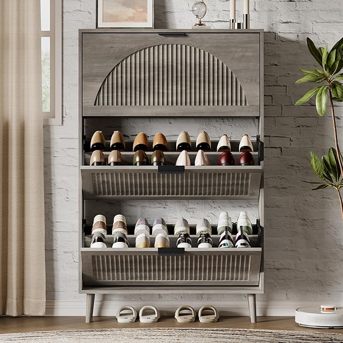 Xixini Shoe Storage Cabinet with 3 Flip Drawers, 50" Tall Narrow Wood Fluted Shoe Organizer for Entryway, Freestanding Wooden Hidden Slim Shoe Rack for Front Door Entrance, Hallway, Foyer, Light Grey