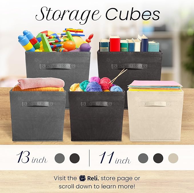 Reli. 11 Inch Cube Storage Bins (4 Pack) | Cube Organizer Bins | 11x11 Fabric Storage Boxes | Collapsible, Foldable Fabric Cubby Box (Square) | Kids Room Organization (Beige)