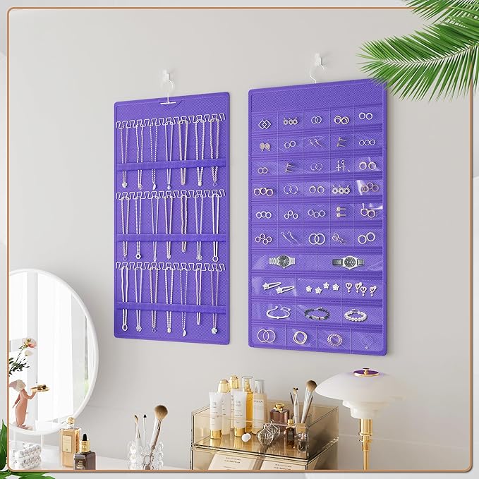 Hanging Jewelry Organizer Storage Roll, Double-Sided Necklaces Holder, 42 Pockets Plus 36 hooks Earrings Organizer Hang in Closet, On Wall, or Doors, Purple
