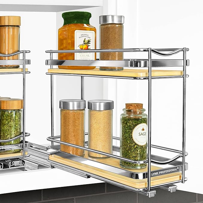 LYNK PROFESSIONAL® Élite™ Pull Out Spice Organization for Cabinets - 4-3/8 inch Wide – Spice Rack for Inside Cabinets – Wood/Chrome - Sliding Spice Rack Organizer for cabinet – Spice Rack - 2 Tier