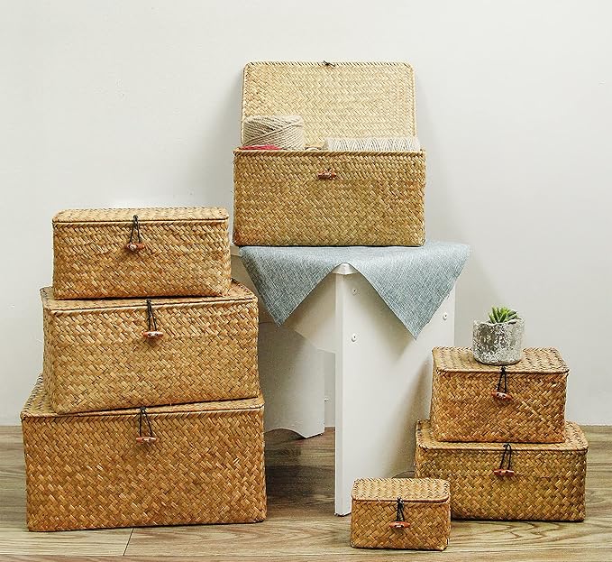 FEILANDUO Wicker Shelf Basket with Lids, Seagrass Storage Baskets Bins Rectangular Woven Baskets Boxes for Organizing Multipurpose Container Boho Home Decor Set of 3
