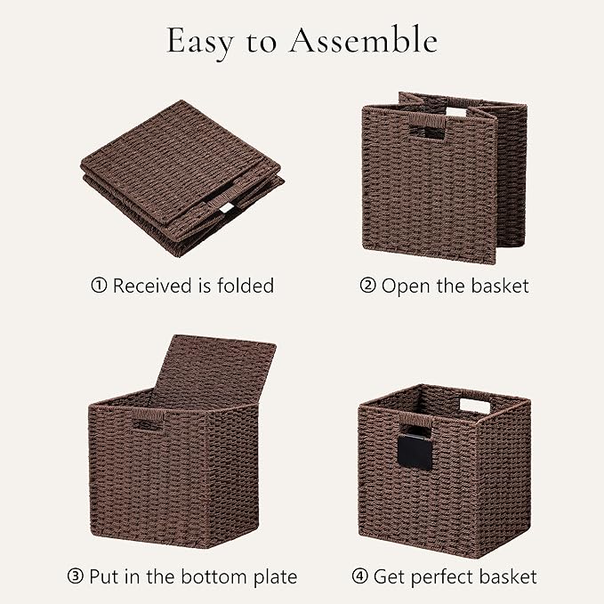 UBBCARE 4 Pack Wicker Basket, 10.5×10.5 Storage Cubes with Label, Foldable Cube Storage Bin with Handle, Square Storage Basket for Shelves, Woven Paper Rope Basket for Organizing, Brown