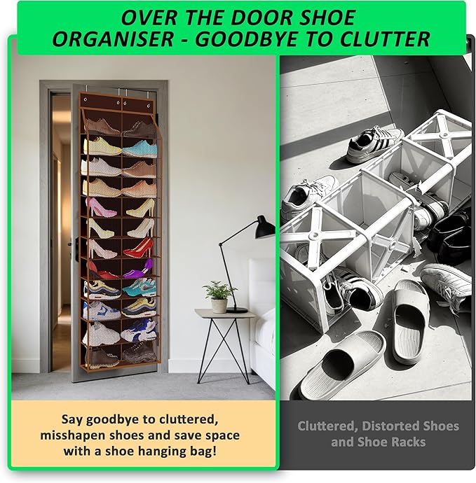 Kotkn 24-Pair Over Door Shoe Organizer for Family & Kids, Double Sided | Hanging Storage for Sneakers, Boots, Toys & Room Organization-Pearl Whitet-Walnut Brown