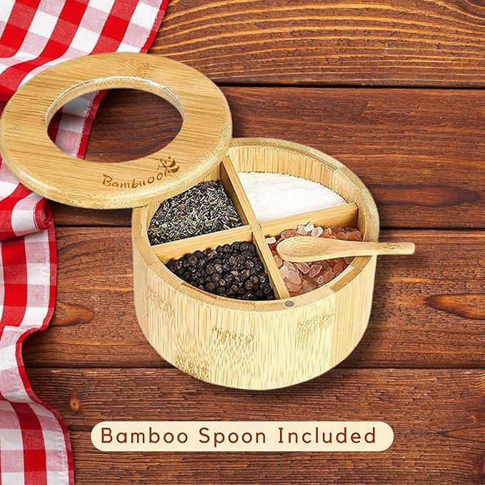 Premium 4 Compartments Salt & Spice Cellar with Spoon - Swivel Magnetic Lid for Convenient Seasoning Access - 100% Natural Bamboo - Elegant and Eco-Friendly Kitchen Accessory.