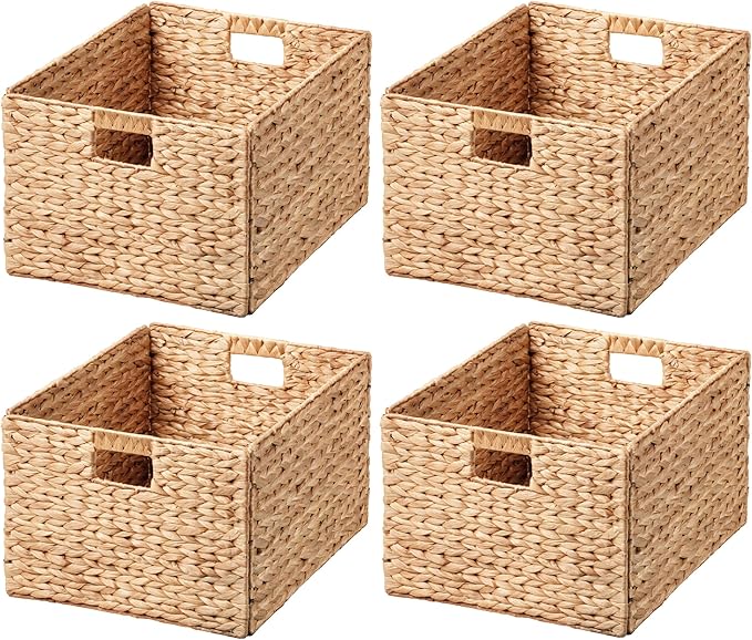 eHemco Extra Large Rectangular Water Hyacinth Wicker Storage Baskets with Iron Wire Frame, 16.1"x12.6"x9.5", Natural, Set of 4