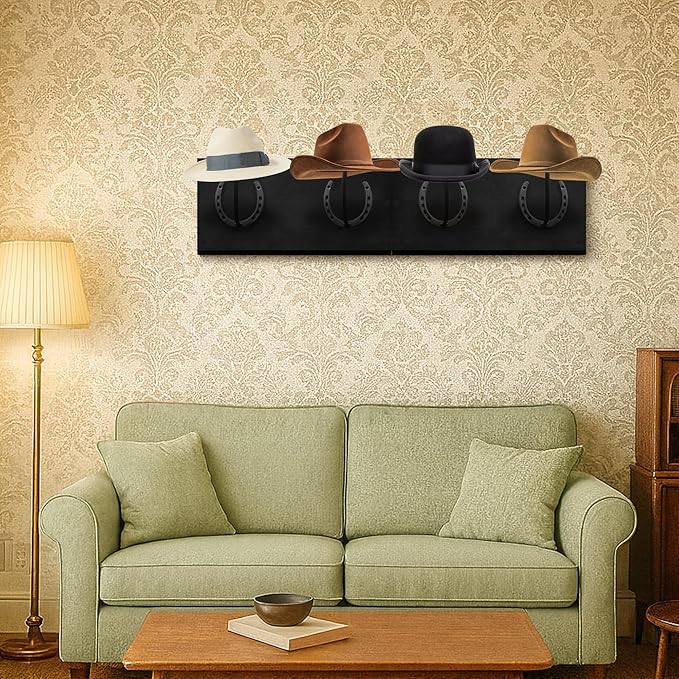 Montex Cowboy Hat Rack for Wall, Wooden Cowboy Hat Holder 4 Hats, Hanging Western Hat Rack, Hat Organizer with Horseshoe Mounts Western, Black