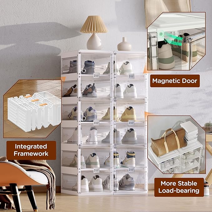 ANTBOX Collapsible Shoe Boxes Clear Plastic Stackable, Quick Setup Drop Front Shoe Organizer, Display Storage Cabinet for Sneakers10 Tiers 20 Pairs