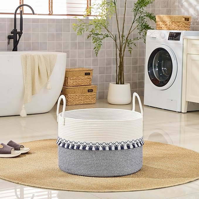 KAKAMAY Cotton Rope Storage Basket (20"x13"),Woven Hamper for Blankets,Toys,Pillows,Clothes,Laundry,Sturdy Handles Decorative Basket for Living Room, Bedroom,Nursery(Blue Printing)