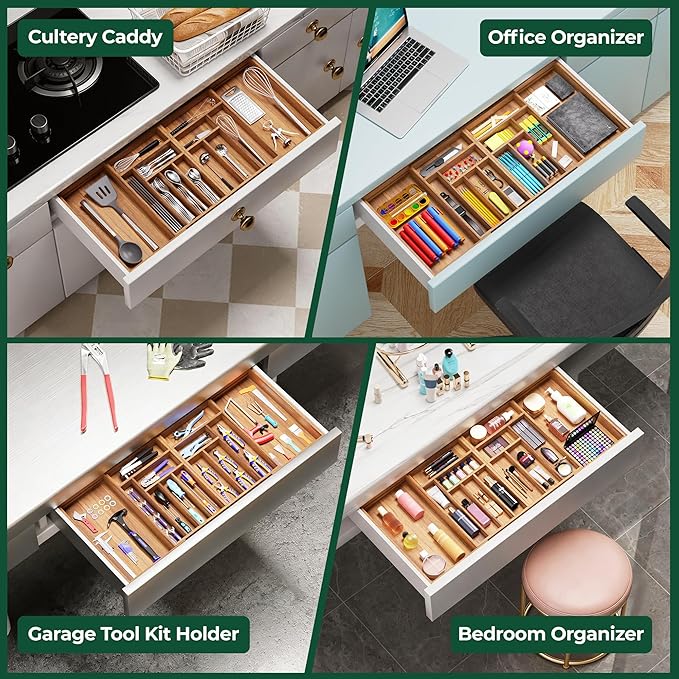 Large Silverware Organizer, 13 Slots Magnetic Connected Expandable Acacia Wood Utensil Drawer Organizer From 21 to 37.4 Inches, Adjustable Flatware and Cutlery Holder, Utensil Tray for Kitchen Natural