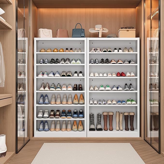 Tall Shoe Cabinet, 7 Tiers 30-35 Pairs Heavy Duty Metal Freestanding Shoe Rack, Vertical Shoe Storage Organizer with Adjustable Shelves, Shoe Shelf for Entryway, Bedroom (White, 55" H)