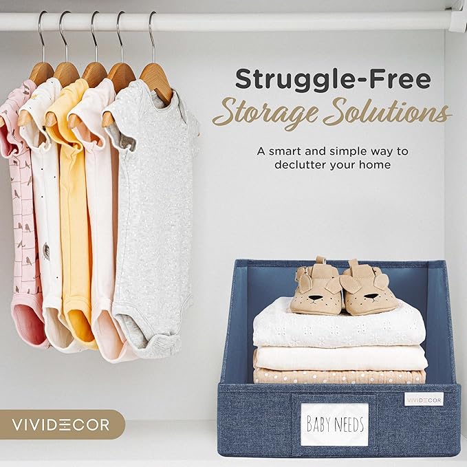 VIVIDECOR Open Front Trapezoid Storage Bins 12x12x10 – Easy Access Closet Shelf Organizer for Clothes, Towels, Fabric Baskets – Navy Blue, 3 Pack