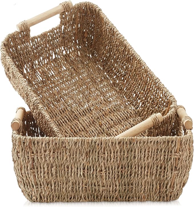Casafield Set of 2 Seagrass Oval Storage Baskets with Wooden Handles - Large, Woven Bin Organizers