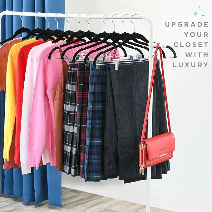 Home-it Pants Hangers With Clips 10 Pack - Black Velvet Non Slip Space-Saving for Pants, Skirts, Coats, Dresses, Tank Tops, Clothes - Felt Ultra Thin