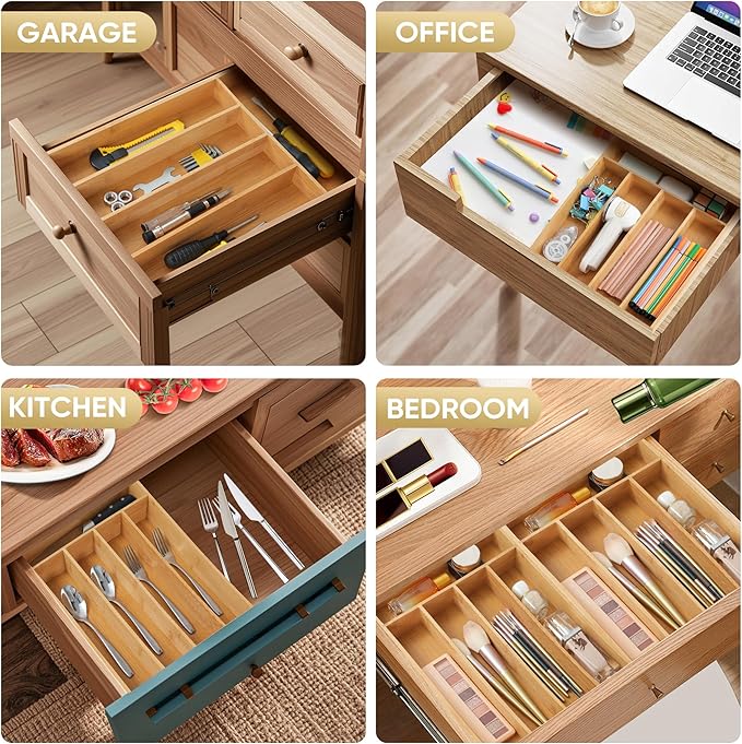 Silverware Organizer, 10 Inch Utensil Organizer Kitchen Drawer Organizer Bamboo Silverware Holder Cutlery Tray Organizer in Drawer Flatware Organizer Tray(5 slots, Natural
