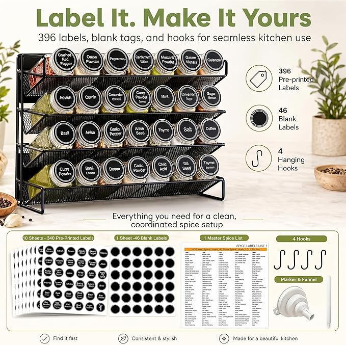 UVIAHOMI Magnetic Spice Rack Organizer for Refrigerator with 28 Spice Jars, 386 Spice Labels, 4 Hook, Chalk Marker and Funnel Set, Magnetic Shelf for Seasoning Organizer, 13.2'' W x 9.8 H, Black