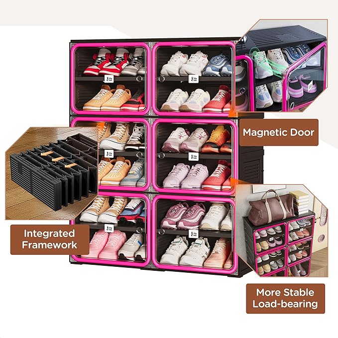 Vipbox No Assembly 6 Tier Collapsible Shoe Rack, 24 Pairs Foldable Shoe Storage Cabinet with Doors, Large Shoe Organizer for Closet, Black & Rose Red