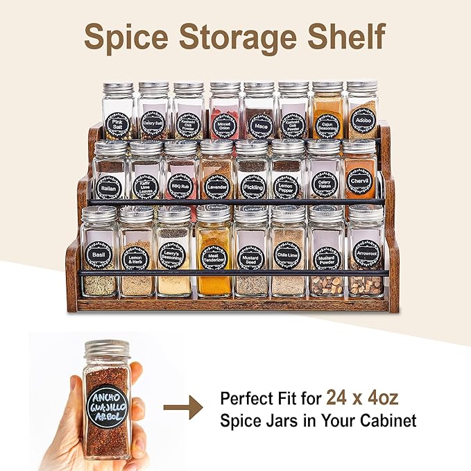 Aminigram Wood Spice Rack Organizer for Cabinet, 3 Tier Spice Shelf Storage, Kitchen Seasoning Organizer for Spice Bottles, Jars, Seasonings, Baking Supplies