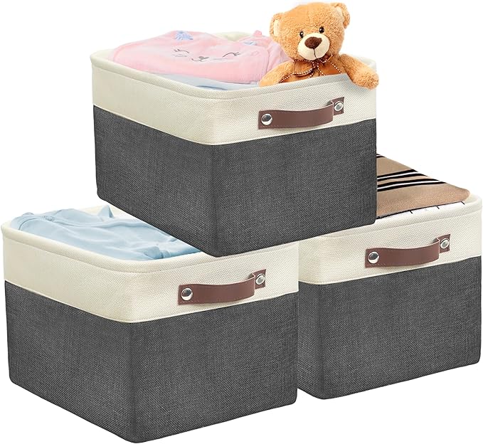 Simple Houseware 15" x 11" Large Fabric Storage Bin for Closet and Shelves, Leather Like Handles, 3 Pack, Dark Gray