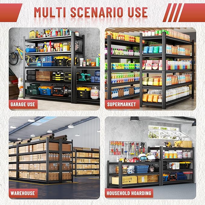 5-Tier Garage Shelving Heavy Duty, 3000LBS Metal Shelving Unit, Adjustable Garage Storage Shelves, Easy Assembly Steel Shelving, Utility Storage Rack Shelf for Warehouse, 77.4”H*39.4”W*15.7”D