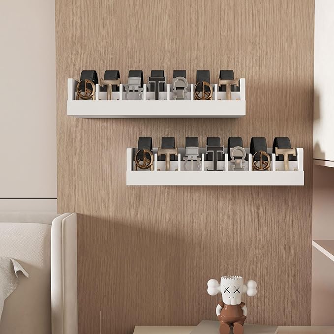 Belt Storage Organizer Box - 7 Grids Bamboo Belt Organizer for Closet | Wooden Belt Tie Hanger Racks for Men Women Drawer | Belt Display Holder Wall Mount with 2 Pcs Tie Clip (White)