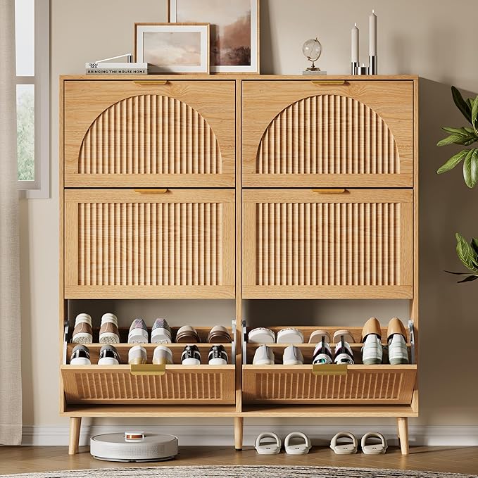 Xixini Shoe Storage Cabinet with 6 Flip Drawers, 50" Tall Narrow Wood Fluted Shoe Organizer for Entryway, Freestanding Wooden Hidden Slim Shoe Rack for Front Door Entrance, Hallway, Foyer, Natural Oak