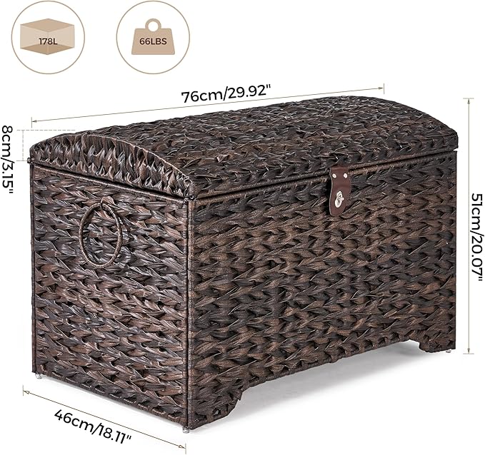 Honjourai Handwoven Storage Basket with Lid, 178L Plastic Rattan Storage Bin, Leather Buckle & Metal Frame, Large Metal Ring Handles, Storage Trunk for Bedroom, Laundry Room