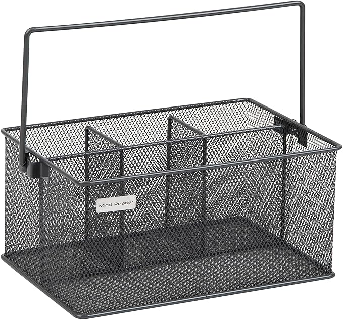 Mind Reader Multi-purpose Storage Caddy with Handle, Desktop Organizer, Cutlery Holder, 4 Compartments, Metal Mesh, Gray