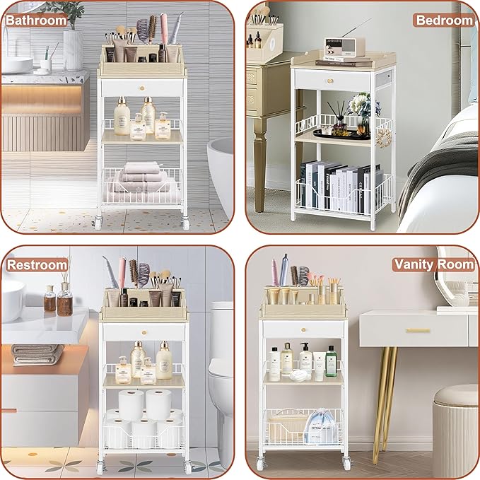 Makeup Organizer Cart with Removable Cosmetic Display Case, Large Makeup Cart with Drawer and 4 SS Tool Cups, 2-in-1 Vanity Organizer for Skincare Perfume Nail Polish Brush, White & Natural