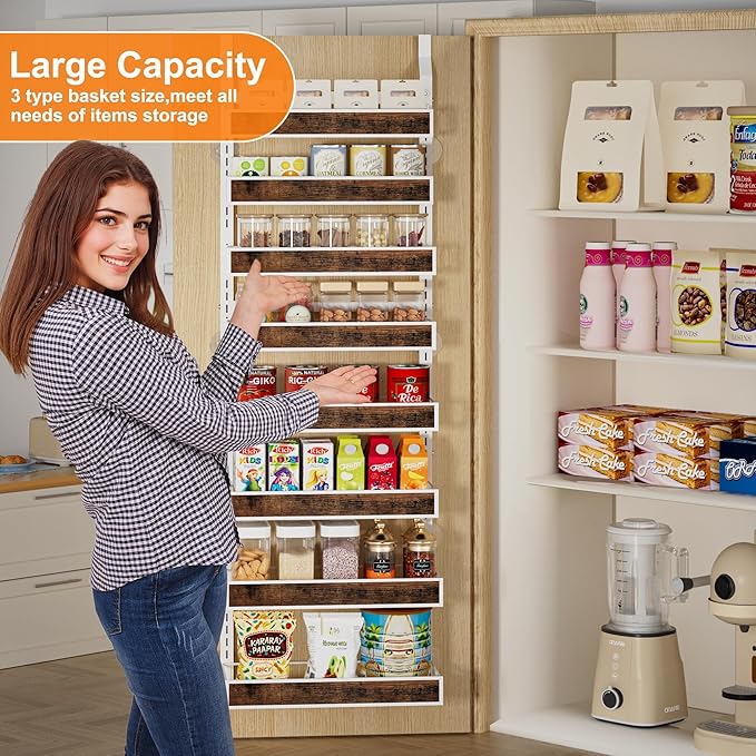 8 Tier Over The Door Pantry Orangizer 2 IN 1 Wall Mounted or Hanging Spice Rack with Adjustable Wood Basket,Heavy Duty Seasoning Storage Shelf for Kitchen Pantry and Bathroom