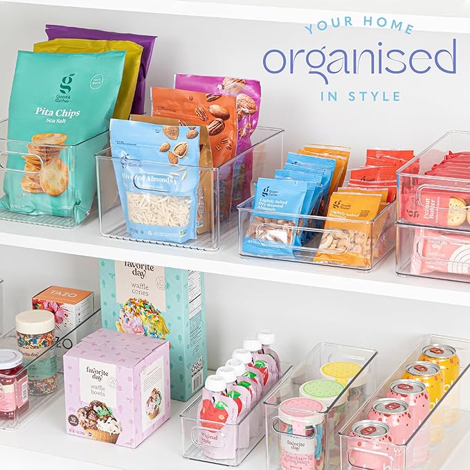 Plastic Food Storage 8 Pack Clear Container Bin with Handles for Organizing Kitchen, Pantry, Refrigerator, Freezer, Pantry, Cabinet, Closet, Bathroom. Stackable 10”x6”x3”