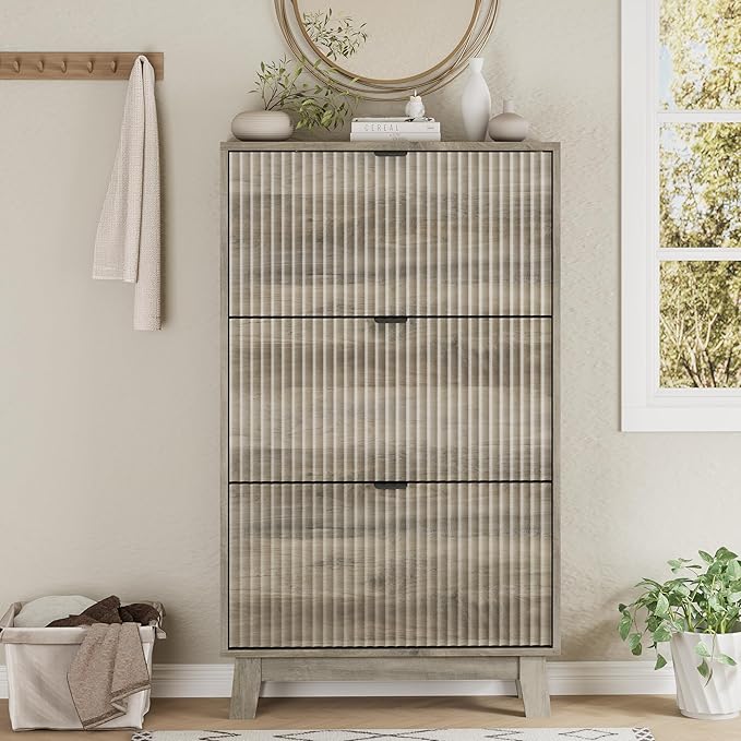 Xixini Shoe Cabinet with 3 Flip Drawers, 54" Tall Narrow Fluted Shoe Storage Organizer for Entryway, Hidden Slim Wooden Shoe Rack Cabinet for Front Door Entrance, Hallway, Living Room, Light Grey