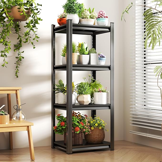 4Tier Garage Shelving Wood Storage Shelves 600 lb Load Capacity 54" H*16" W*16" D Metal Shelving Suitable for Garage Kitchen Pantry,Black