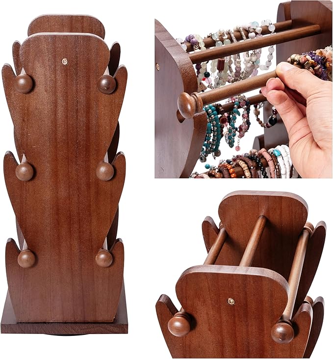 Two-Sided Rotating Wooden Jewelry Bracelet Holder Stand – 3-Tier Display with 6 Removable Bars for Bracelets, Bangles, Watches & Accessories – Brown Wooden Organizer for Home or Retail Showcase