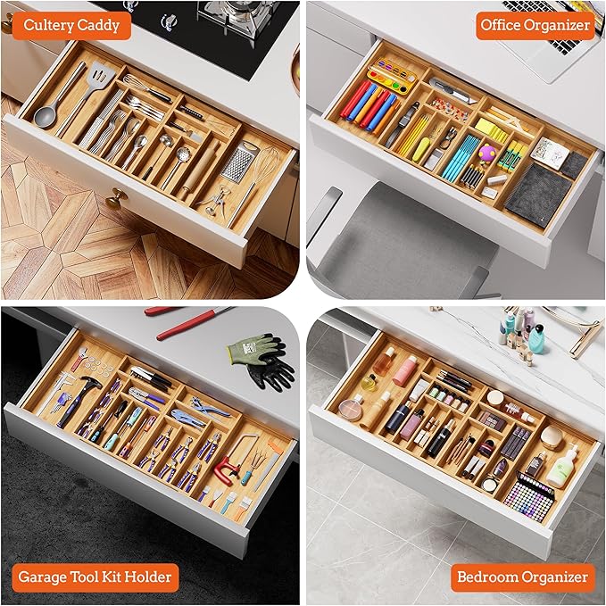 Silverware Organizer Large, Magnetic Connected Expandable 13 Slots Silverware Drawer Organizer From 21 to 37.4 Inches, Adjustable Flatware and Cutlery Holder, Bamboo Utensil Tray for Kitchen Natural