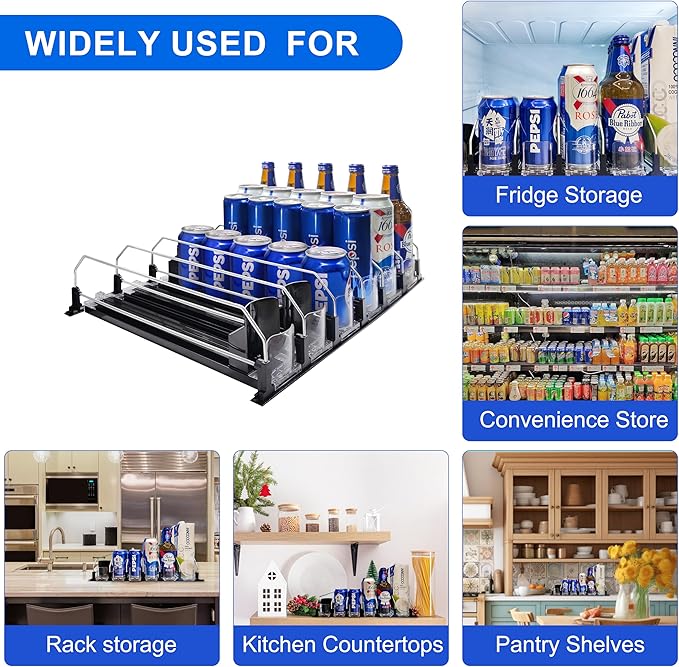 Drink Organizer for Fridge, Automatic Pusher Glide Soda Can Dispenser for Refrigerator, Width Adjustable Fridge Can Organizer for Fridge, Pantry, Kitchen, Vending Machine- Black, 6 Rows, 15.1"D