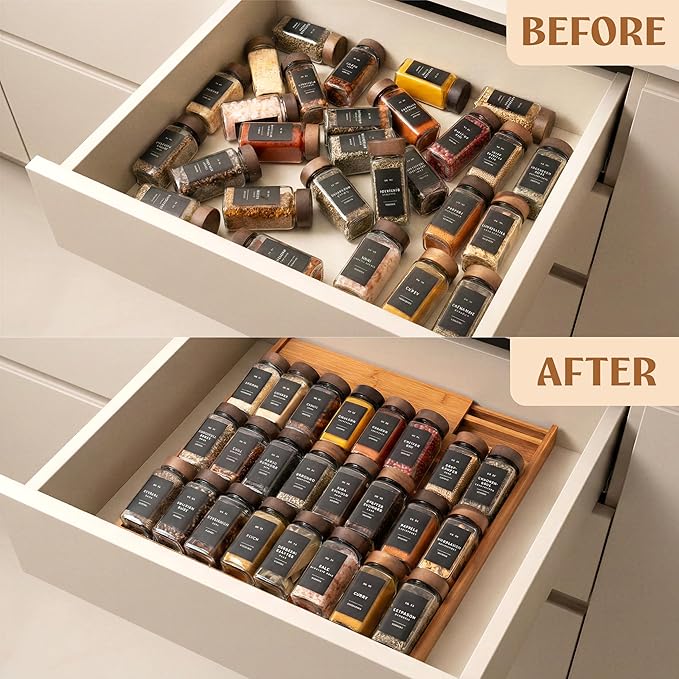 EDELHAUS Spice Drawer Organizer - Expandable Spice Rack for Drawer, Black Seasoning Organizer for Drawer Spice Organizer, Spice Organization Seasoning rack insert for Cabinet (Jars Not Included)