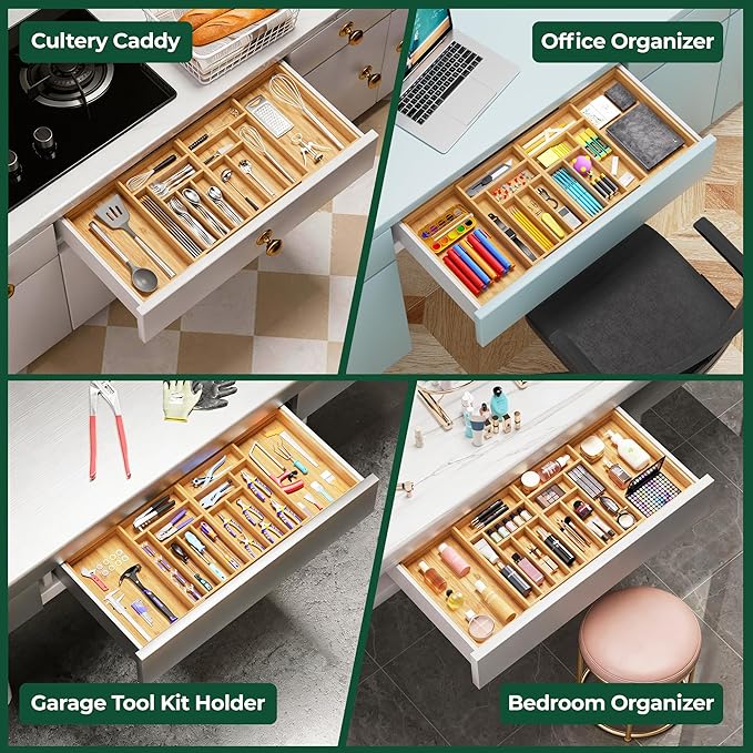 Large Silverware Organizer, 13 Slots Magnetic Connected Expandable Bamboo Utensil Drawer Organizer From 21 to 37.4 Inches, Adjustable Flatware and Cutlery Holder, Utensil Tray for Kitchen Natural