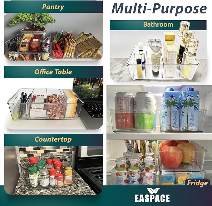 6-Pack Pantry Organizer Bins – Clear Storage Containers for Pantry, Kitchen, Fridge, Cabinet, or Shelf – Perfect for Snacks, Food, Drinks & Multi Purpose