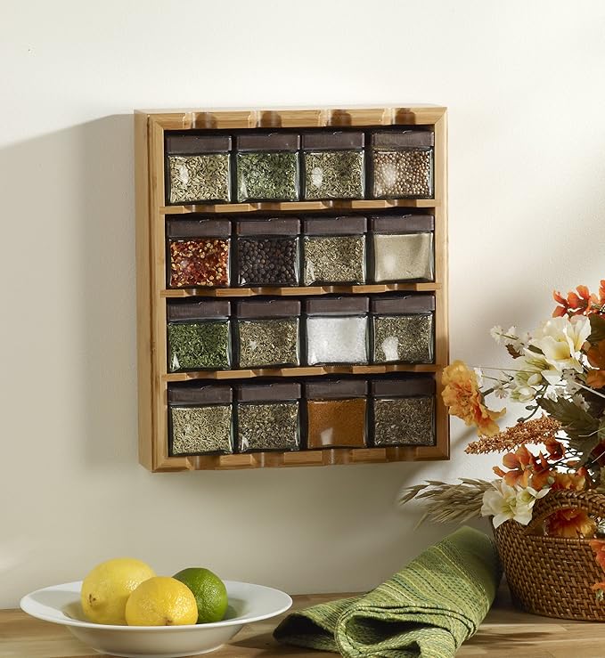 Kamenstein 16 Jar Bamboo 3-in-1 Spice Organizer for Countertop, Wall, and Drawer with Spices Included, FREE Spice Refills for 5 Years, Lift & Pour Caps