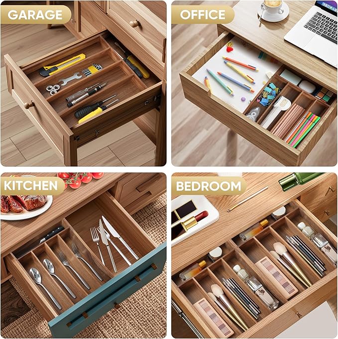 Silverware Organizer, 10 Inch Utensil Organizer Kitchen Drawer Organizer Acacia Silverware Holder Cutlery Tray Organizer in Drawer Flatware Organizer Tray(5 slots, Acacia