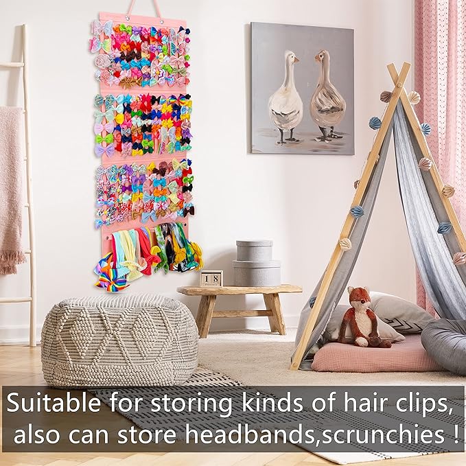 Girly Pink Hair Accessory Organizer - Holder for Girls' Hair Bows, Clips, Ties & Scrunchies - Foldable Wall Mount Storage Caddy