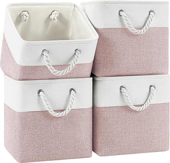 Patvingot 11 Inch Cube Storage Bins, 4 Pack Fabric Storage Cubes with Rope Handles, Organizer Baskets for Closet Shelves, Clothes and Home Organization(White/Pink)
