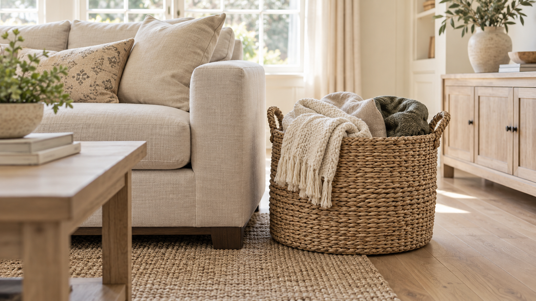 Neutral throw blankets in a woven basket beside a cream sofa.