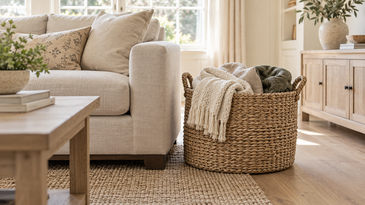 Neutral throw blankets in a woven basket beside a cream sofa.