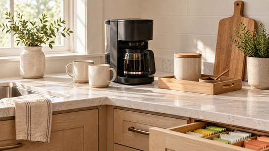 Compact kitchen coffee station with ceramic mugs, an oak tray and organized tea packets.