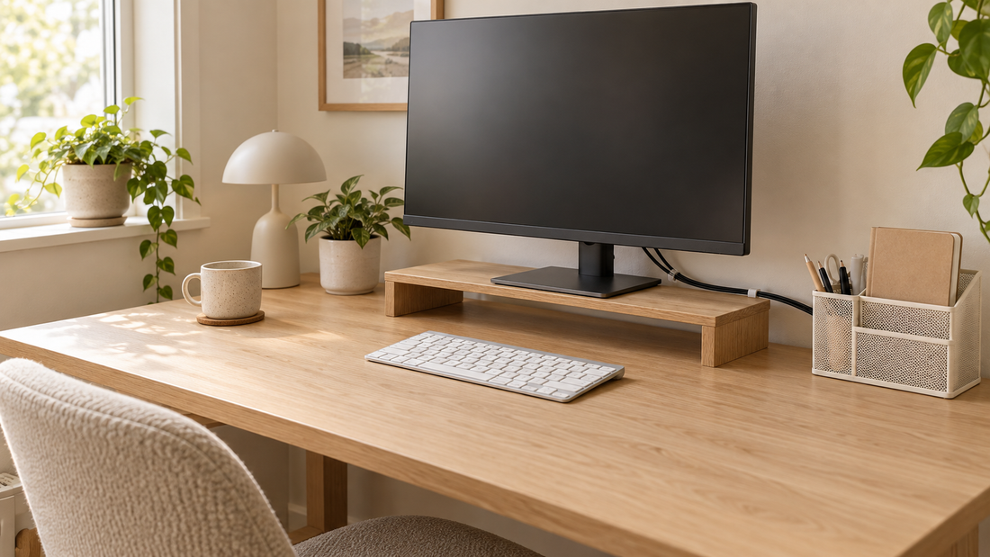 A drawerless oak desk with a mesh supply organizer, monitor riser and cables clipped along the back edge.
