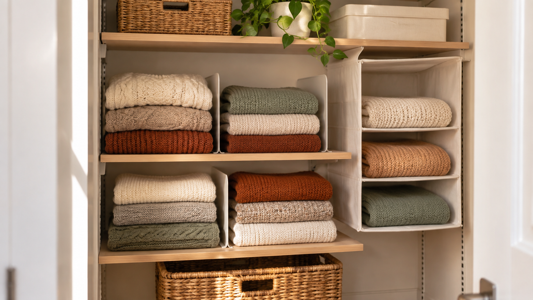 Folded fall sweaters arranged on light wood closet shelves with dividers and a fabric hanging organizer.
