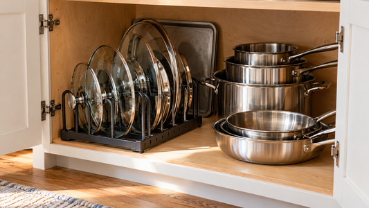 Assorted pot lids stored vertically beside nested cookware in a small kitchen cabinet