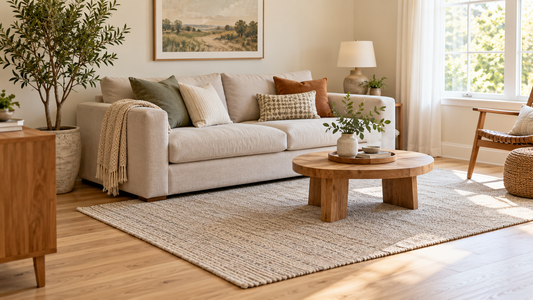 Neutral washable area rug beneath a coffee table in a bright living room