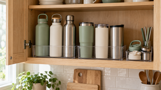 Reusable water bottles and tumblers organized in clear bins inside a light oak kitchen cabinet